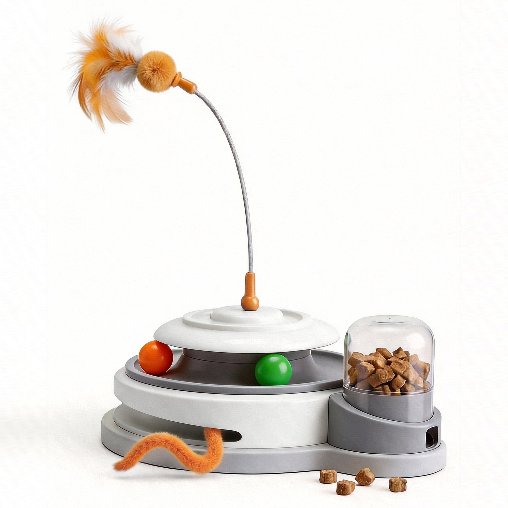 Interactive Cat Toys for Indoor Cats, 4 in 1 Automatic Cat Toy with Teaser Wand, Track Balls, Rotating Feather and Treat Dispenser, USB Rechargeable Reward Toy for Kibble or Freeze-Dried Treats