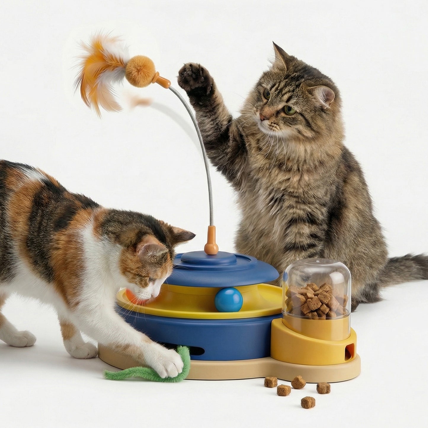 Interactive Cat Toys for Indoor Cats, 4 in 1 Automatic Cat Toy with Teaser Wand, Track Balls, Rotating Feather and Treat Dispenser, USB Rechargeable Reward Toy for Kibble or Freeze-Dried Treats