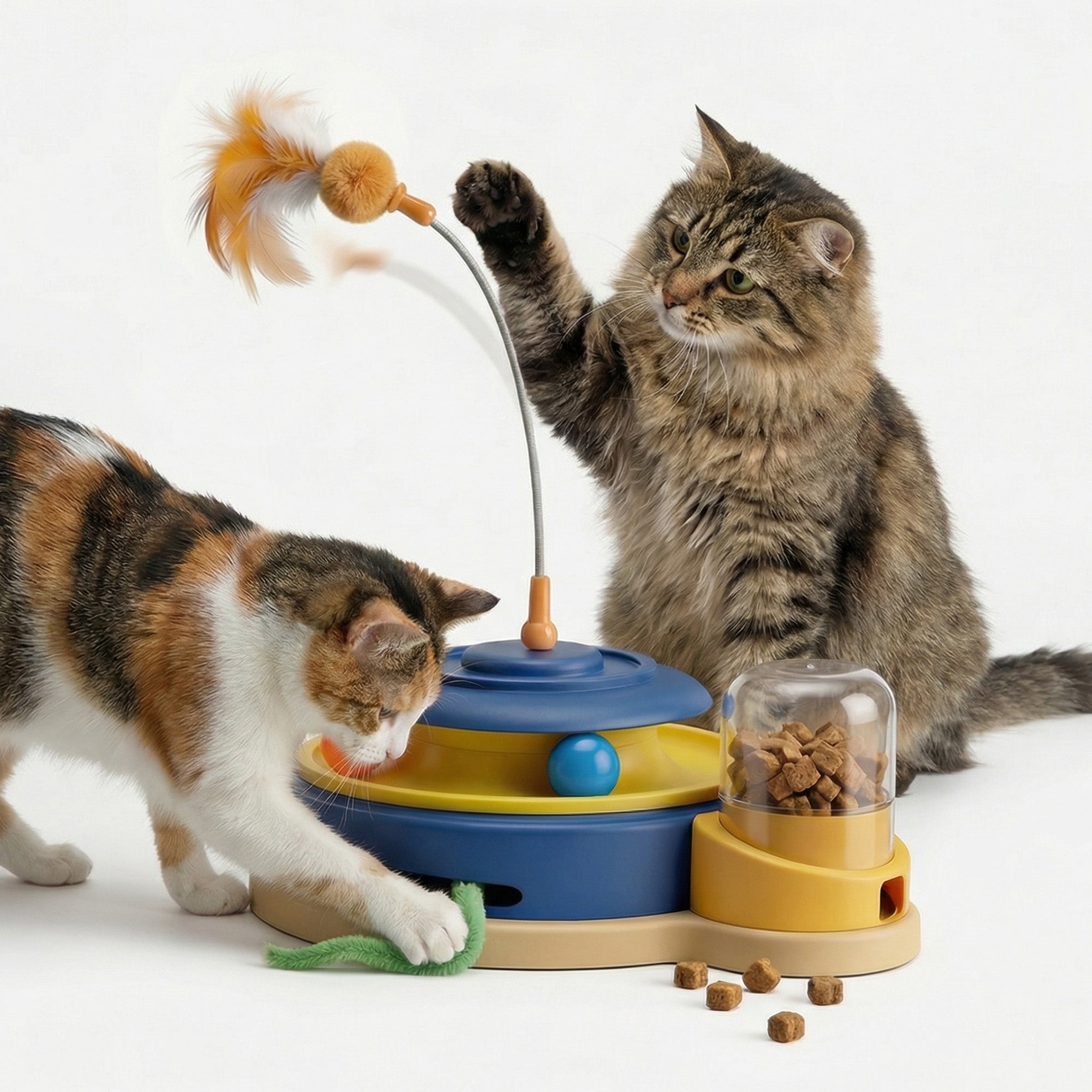 Interactive Cat Toys for Indoor Cats, 4 in 1 Automatic Cat Toy with Teaser Wand, Track Balls, Rotating Feather and Treat Dispenser, USB Rechargeable Reward Toy for Kibble or Freeze-Dried Treats