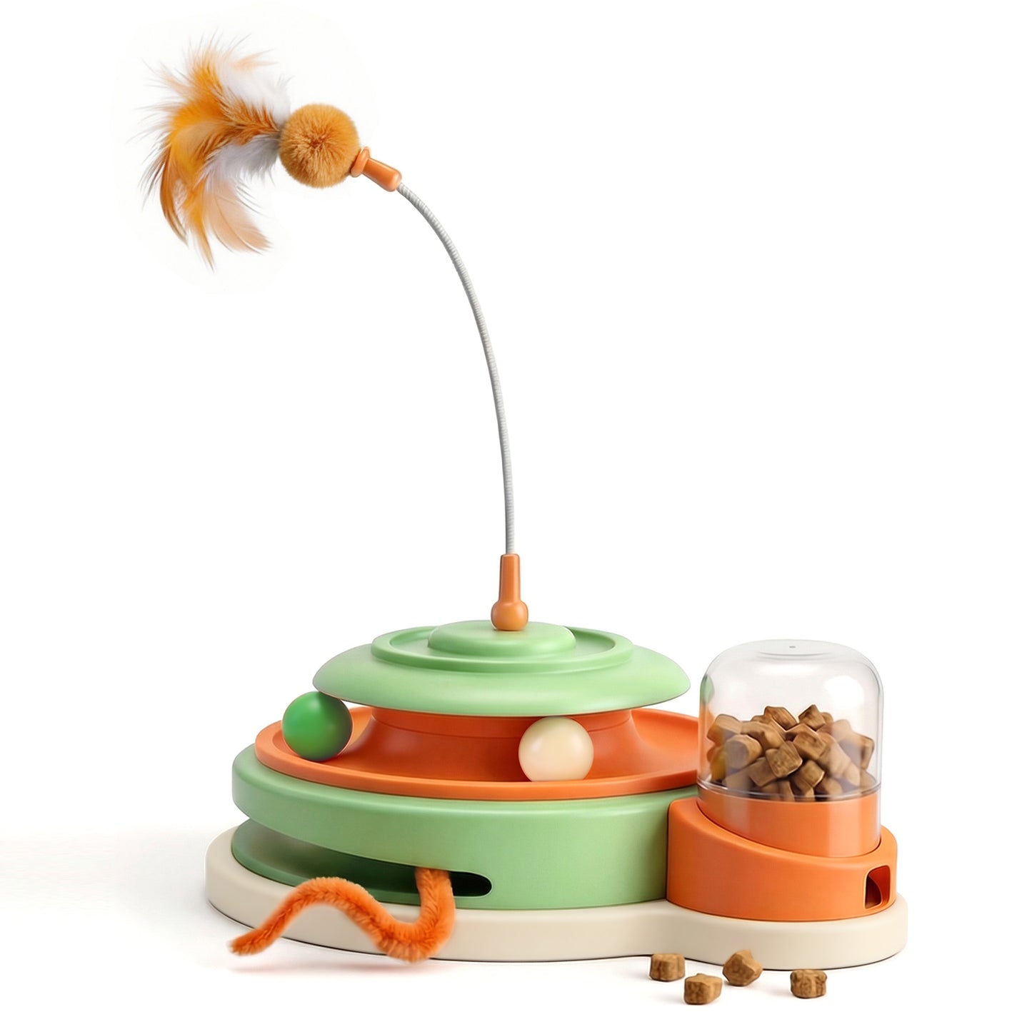 Interactive Cat Toys for Indoor Cats, 4 in 1 Automatic Cat Toy with Teaser Wand, Track Balls, Rotating Feather and Treat Dispenser, USB Rechargeable Reward Toy for Kibble or Freeze-Dried Treats