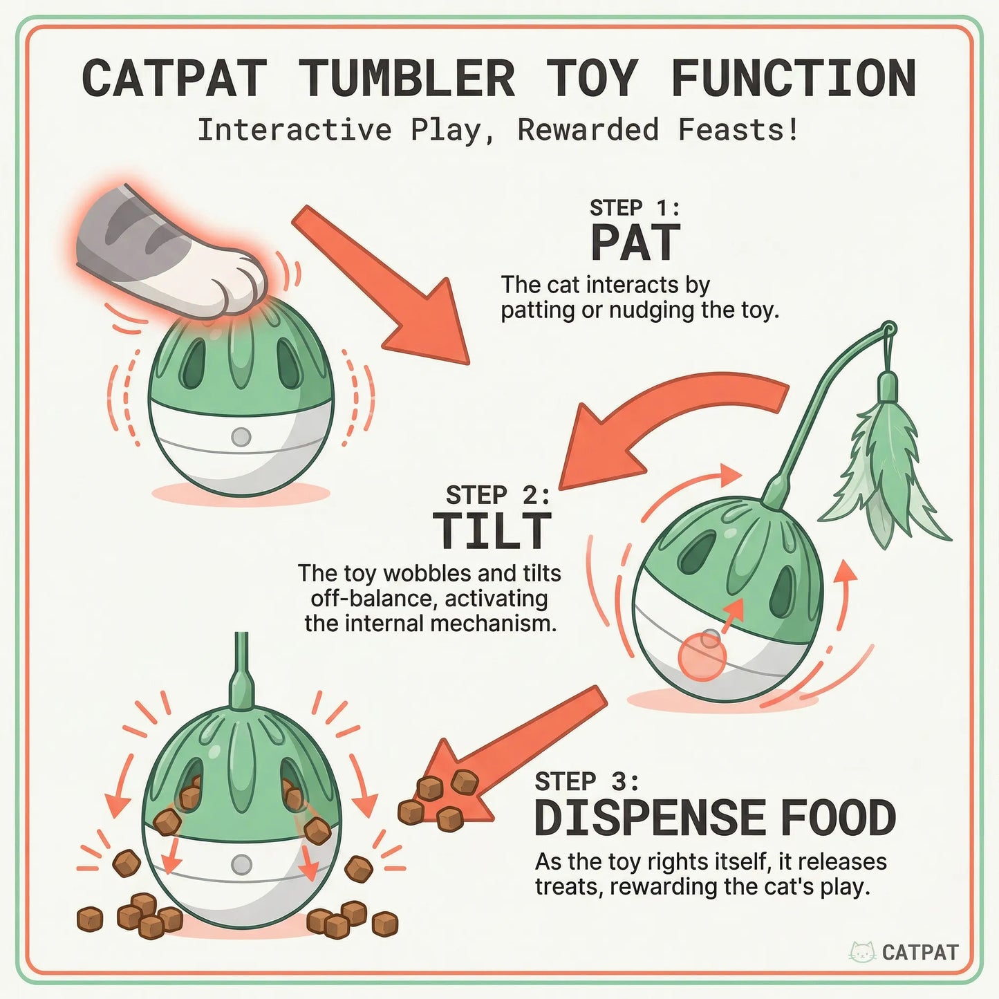 Catpat Interactive Cat Toys for Indoor Cats, Automatic Wobble Cat Toy with Moving Feather Teaser, Treat Dispensing Tumbler and Bird Sounds, Rechargeable Self Play Enrichment Toy for Kibble and Exercise