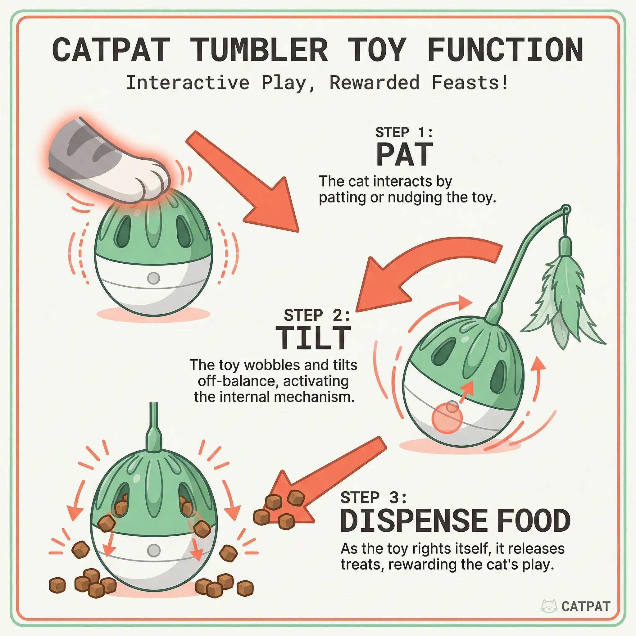 Catpat Interactive Cat Toys for Indoor Cats, Automatic Wobble Cat Toy with Moving Feather Teaser, Treat Dispensing Tumbler and Bird Sounds, Rechargeable Self Play Enrichment Toy for Kibble and Exercise