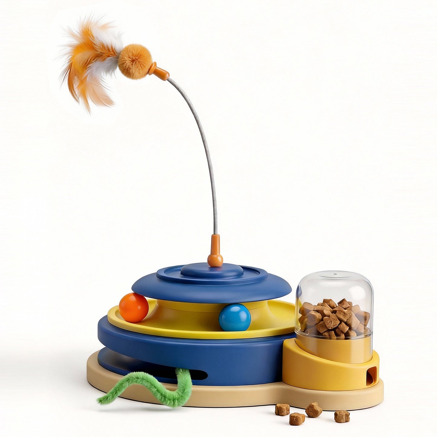 Interactive Cat Toys for Indoor Cats, 4 in 1 Automatic Cat Toy with Teaser Wand, Track Balls, Rotating Feather and Treat Dispenser, USB Rechargeable Reward Toy for Kibble or Freeze-Dried Treats