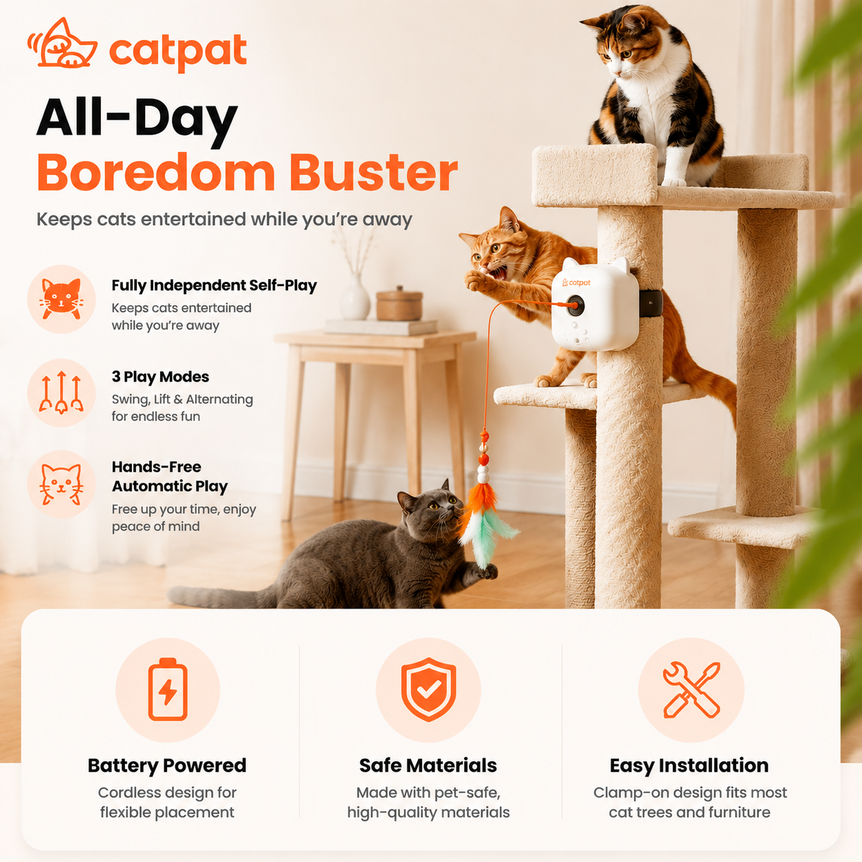 CatPat Interactive Cat Toys for Indoor Cats, Dual Feather Self-Play Toy to Keep Cats Busy While You Relax