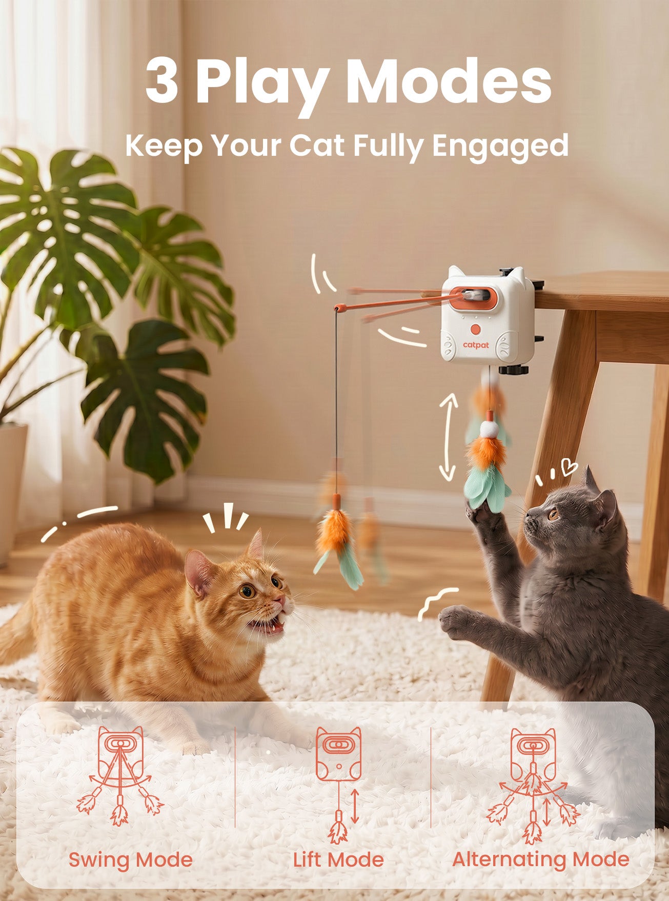 Dual Feather Interactive Cat Toy – 3 Play Modes for Indoor Cats